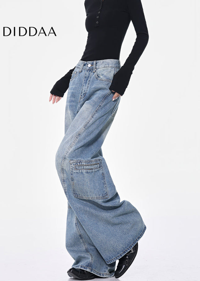 Blue High-Waisted Cargo Wide-Leg Jeans Women’s Retro Pants - Women’s Jeans