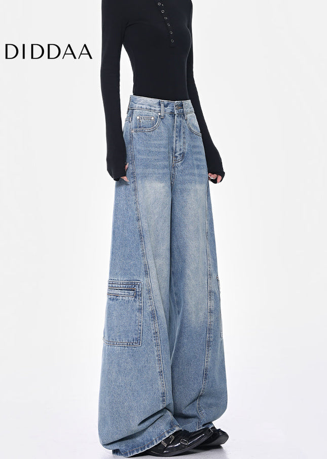 Blue High-Waisted Cargo Wide-Leg Jeans Women’s Retro Pants - Women’s Jeans