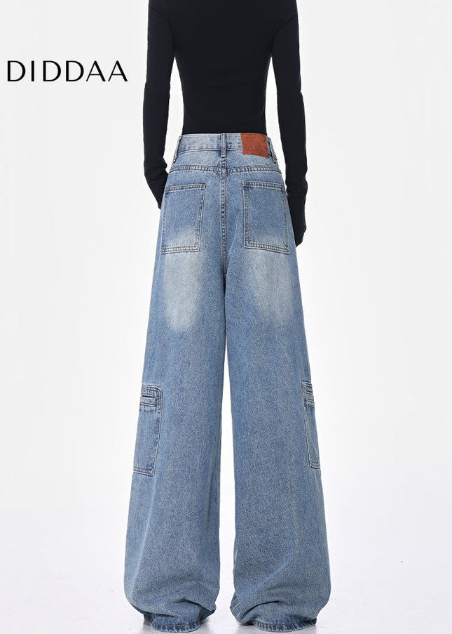 Blue High-Waisted Cargo Wide-Leg Jeans Women’s Retro Pants - Women’s Jeans