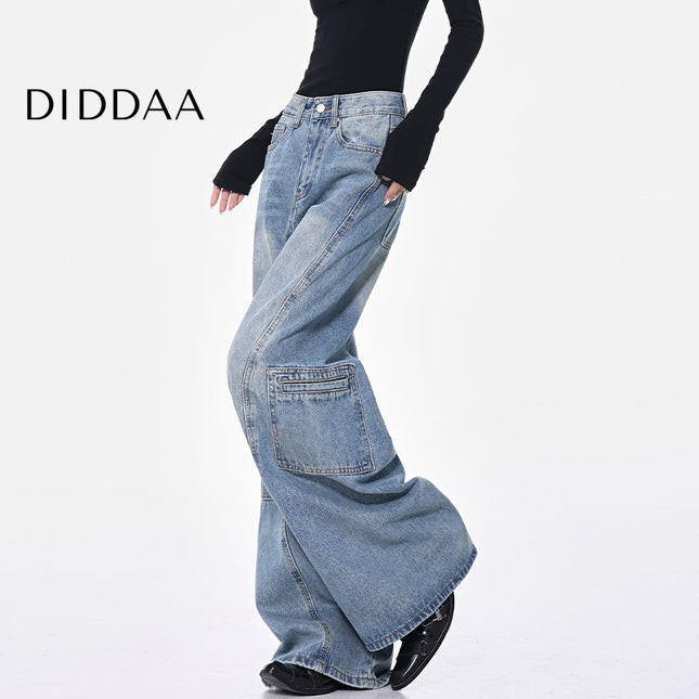 Blue High-Waisted Cargo Wide-Leg Jeans Women’s Retro Pants - S / Mid Blue - Women’s Jeans