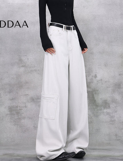 Blue High-Waisted Cargo Wide-Leg Jeans Women’s Retro Pants - S / White - Women’s Jeans