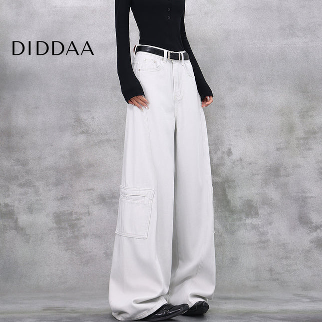 Blue High-Waisted Cargo Wide-Leg Jeans Women’s Retro Pants - S / White - Women’s Jeans
