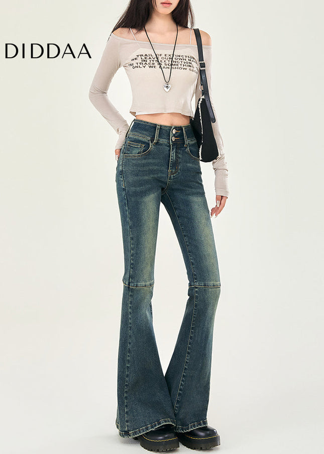 Blue High-Waisted Double-Button Bootcut Jeans - Women’s Jeans