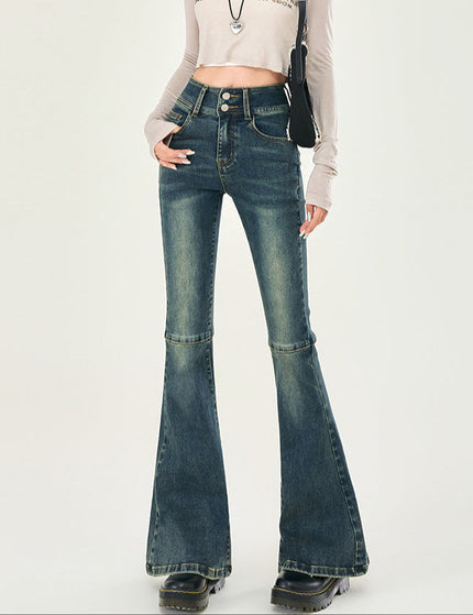 Blue High-Waisted Double-Button Bootcut Jeans - Women’s Jeans