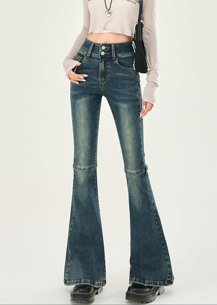Blue High-Waisted Double-Button Bootcut Jeans - Women’s Jeans