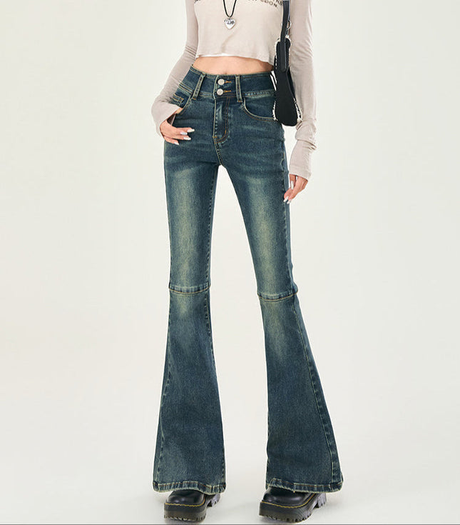 Blue High-Waisted Double-Button Bootcut Jeans - Women’s Jeans