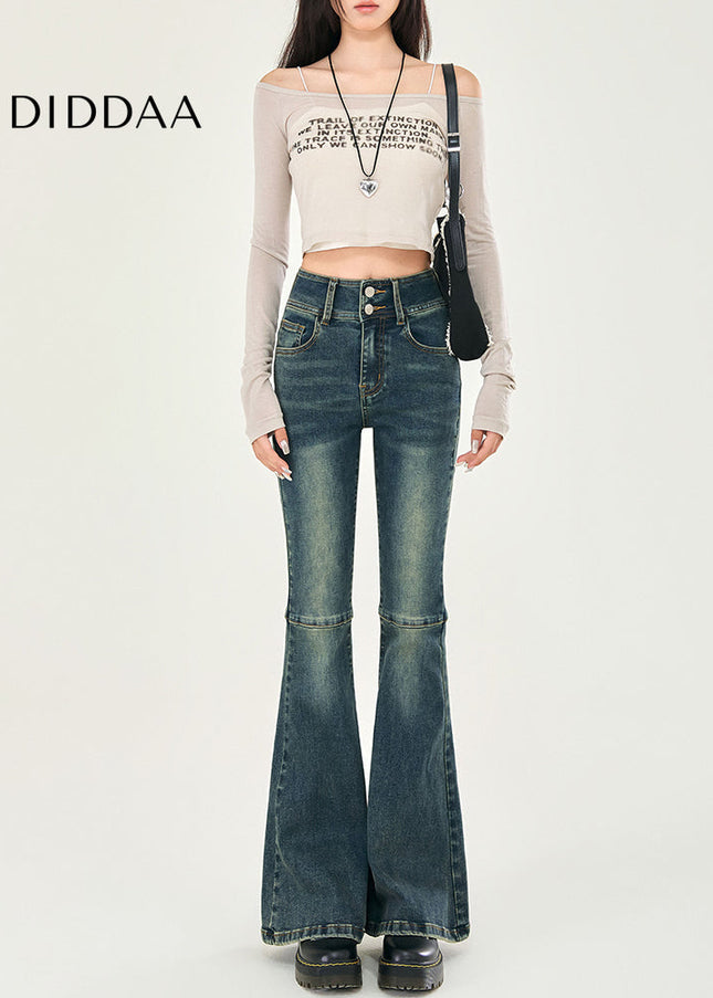 Blue High-Waisted Double-Button Bootcut Jeans - Women’s Jeans