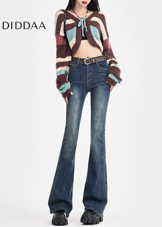 Blue High-Waisted Embroidered Retro Micro Flared Jeans - Women’s Jeans