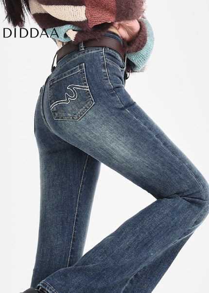 Blue High-Waisted Embroidered Retro Micro Flared Jeans - Women’s Jeans