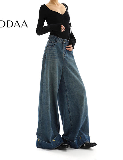 Blue High-Waisted Loose Fit Wide-Leg Jeans - S / Dark Blue - Women’s Jeans
