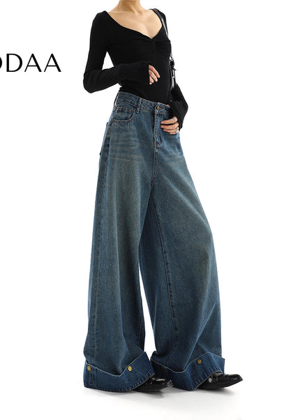 Blue High-Waisted Loose Fit Wide-Leg Jeans - S / Dark Blue - Women’s Jeans