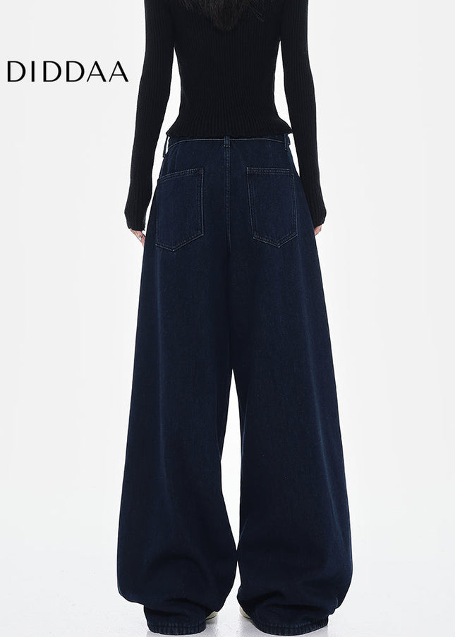 Blue High-Waisted Loose Wide-Leg Jeans Retro Design - Women’s Jeans
