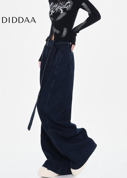 Blue High-Waisted Loose Wide-Leg Jeans Retro Design - Women’s Jeans
