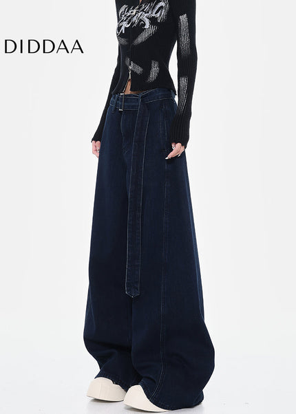 Blue High-Waisted Loose Wide-Leg Jeans Retro Design - Women’s Jeans