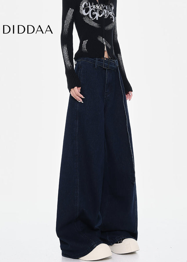 Blue High-Waisted Loose Wide-Leg Jeans Retro Design - Women’s Jeans