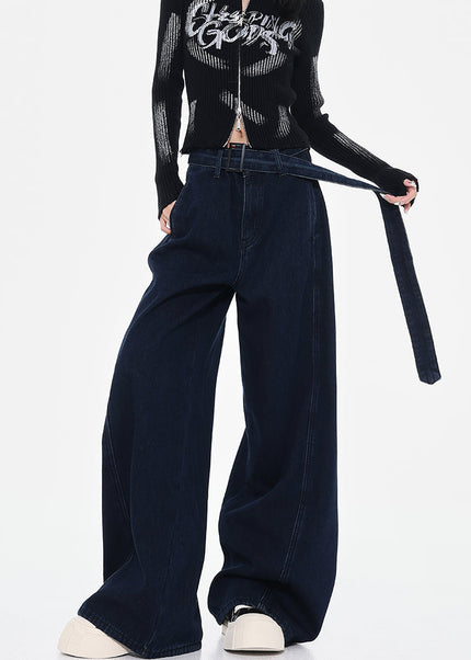 Blue High-Waisted Loose Wide-Leg Jeans Retro Design - Women’s Jeans