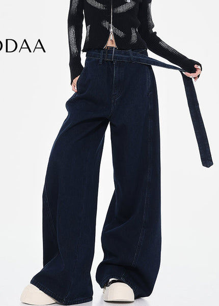 Blue High-Waisted Loose Wide-Leg Jeans Retro Design - Women’s Jeans