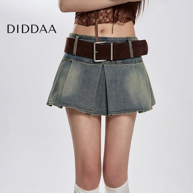 Blue High-Waisted Slim A-Line Pleated Denim Skirt - Skirts