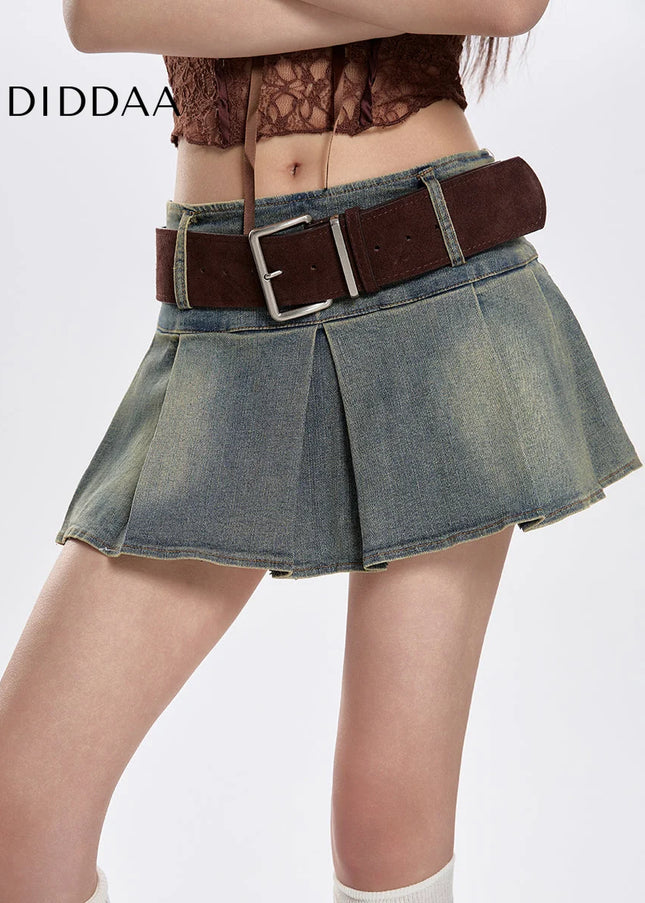 Blue High-Waisted Slim A-Line Pleated Denim Skirt - Skirts