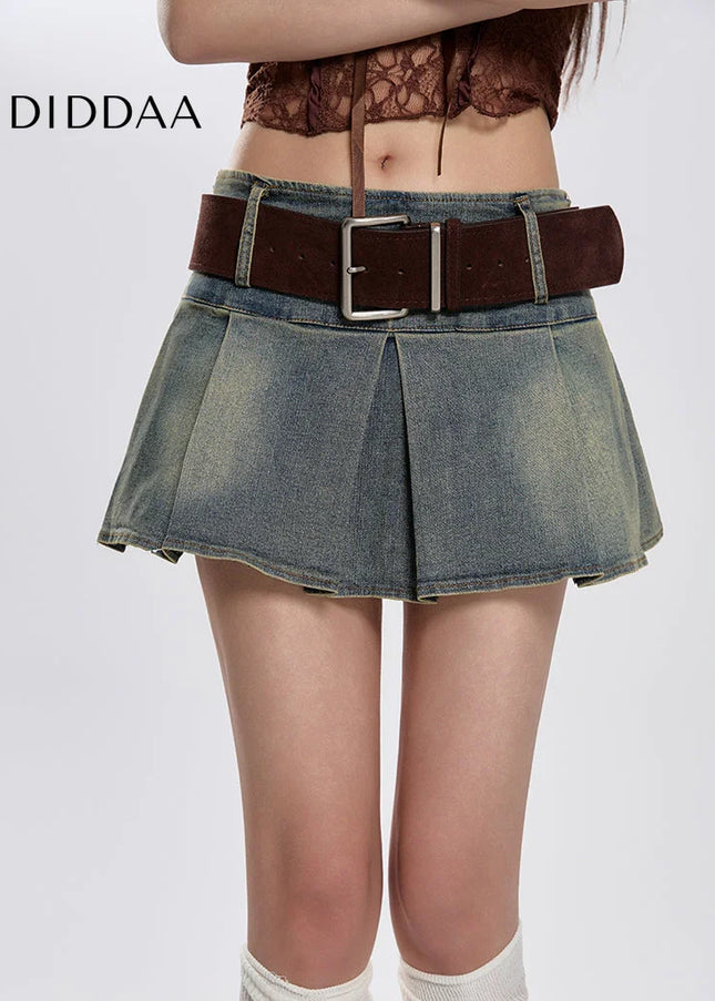 Blue High-Waisted Slim A-Line Pleated Denim Skirt - Skirts