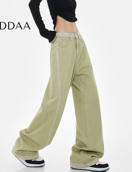 Blue High-Waisted Wide-Leg Contrasting Stitch Jeans - S / Green - Women’s Jeans