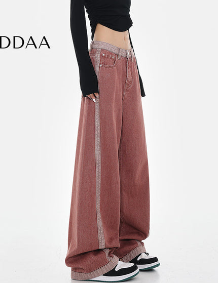 Blue High-Waisted Wide-Leg Contrasting Stitch Jeans - S / Red - Women’s Jeans