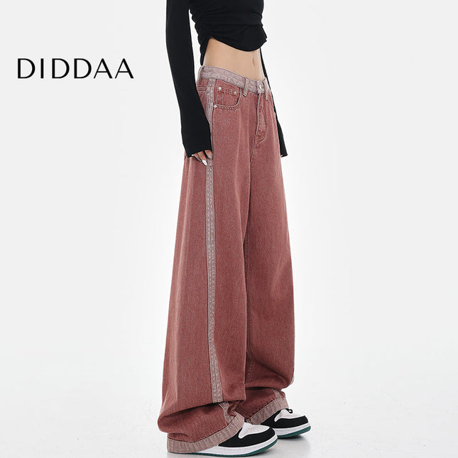 Blue High-Waisted Wide-Leg Contrasting Stitch Jeans - S / Red - Women’s Jeans