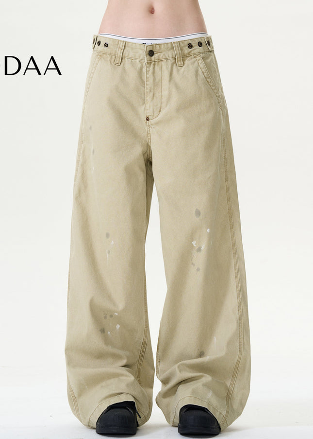 Blue Ink-Splashed Distressed Wide-Leg Cargo Jeans - Men’s Jeans