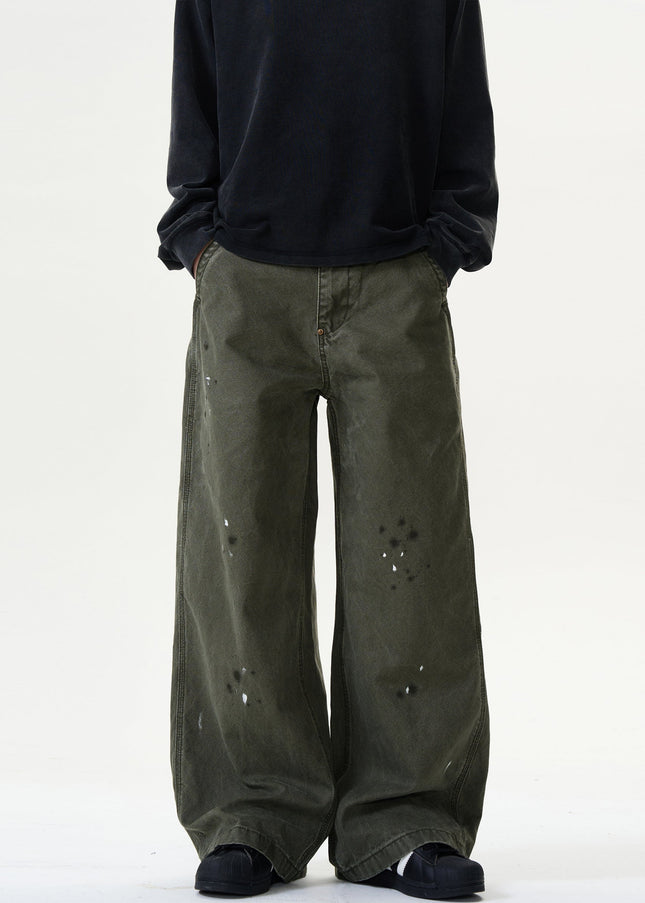 Blue Ink-Splashed Distressed Wide-Leg Cargo Jeans - Men’s Jeans