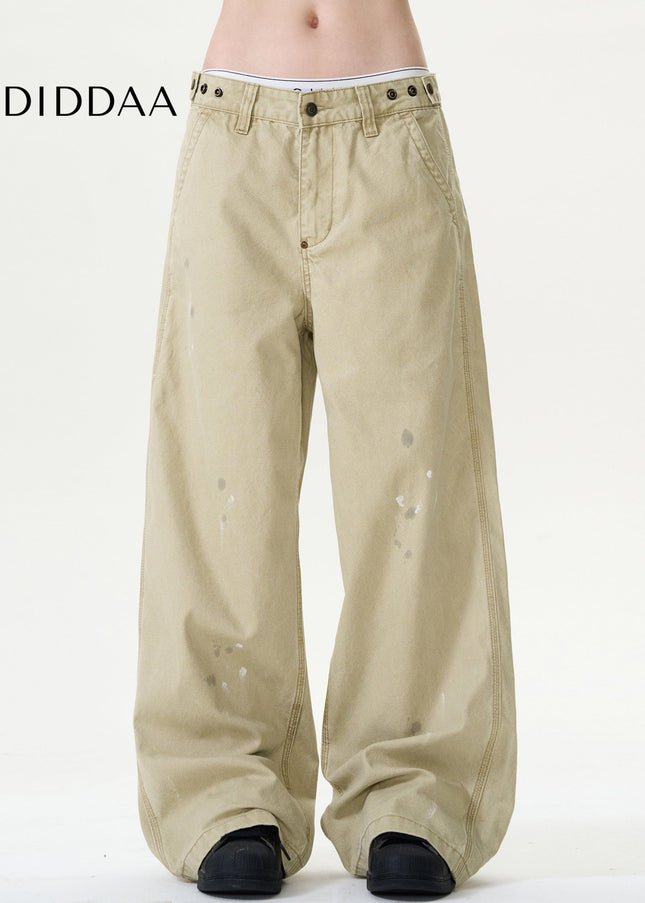 Blue Ink-Splashed Distressed Wide-Leg Cargo Jeans - Men’s Jeans