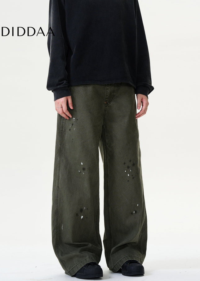 Blue Ink-Splashed Distressed Wide-Leg Cargo Jeans - Men’s Jeans