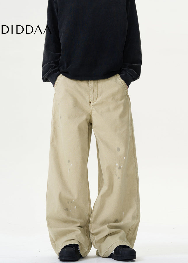 Blue Ink-Splashed Distressed Wide-Leg Cargo Jeans - Men’s Jeans