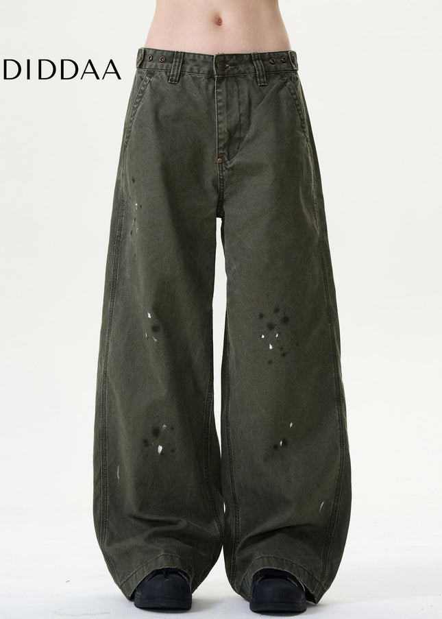 Blue Ink-Splashed Distressed Wide-Leg Cargo Jeans - Men’s Jeans