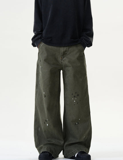 Blue Ink-Splashed Distressed Wide-Leg Cargo Jeans - Men’s Jeans