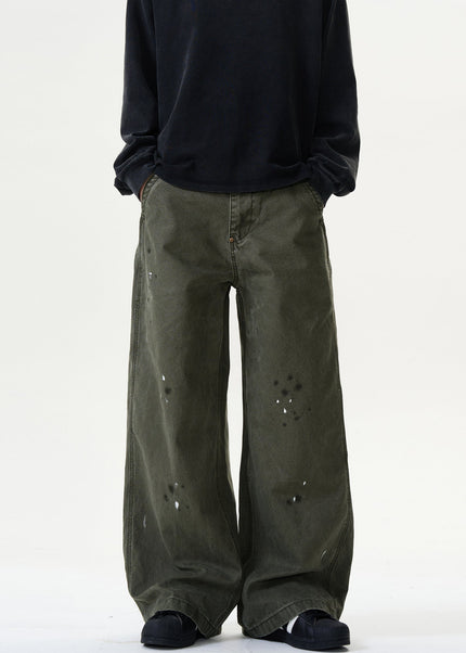 Blue Ink-Splashed Distressed Wide-Leg Cargo Jeans - Men’s Jeans