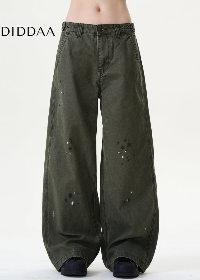 Blue Ink-Splashed Distressed Wide-Leg Cargo Jeans - Men’s Jeans