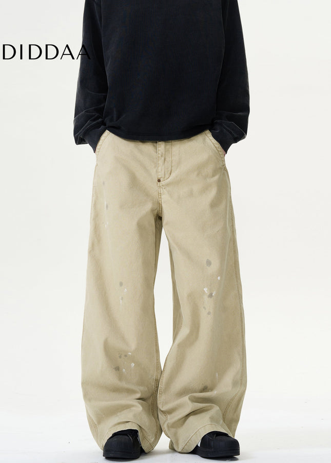 Blue Ink-Splashed Distressed Wide-Leg Cargo Jeans - Men’s Jeans