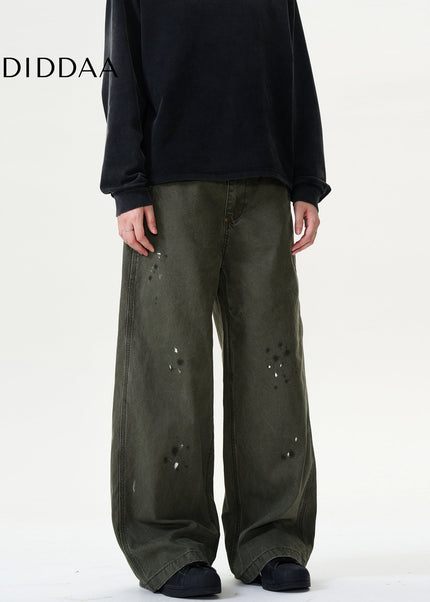 Blue Ink-Splashed Distressed Wide-Leg Cargo Jeans - Men’s Jeans
