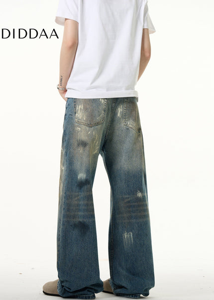 Blue Ink-Splashed Loose Fit Bootcut Jeans - Men’s Jeans