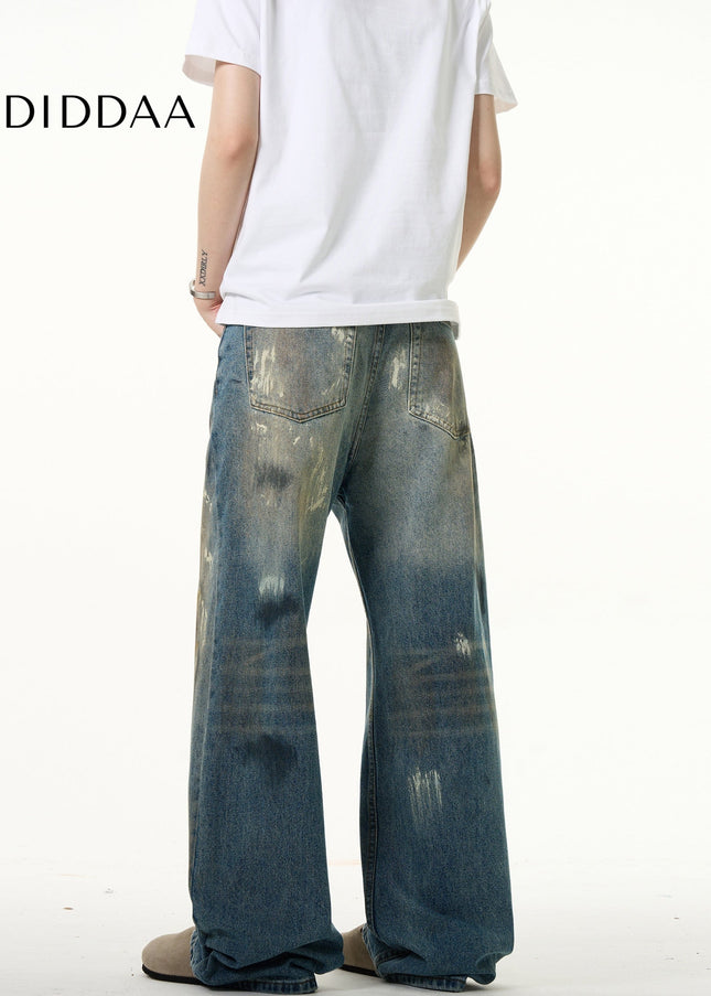 Blue Ink-Splashed Loose Fit Bootcut Jeans - Men’s Jeans