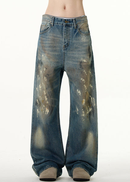 Blue Ink-Splashed Loose Fit Bootcut Jeans - Men’s Jeans