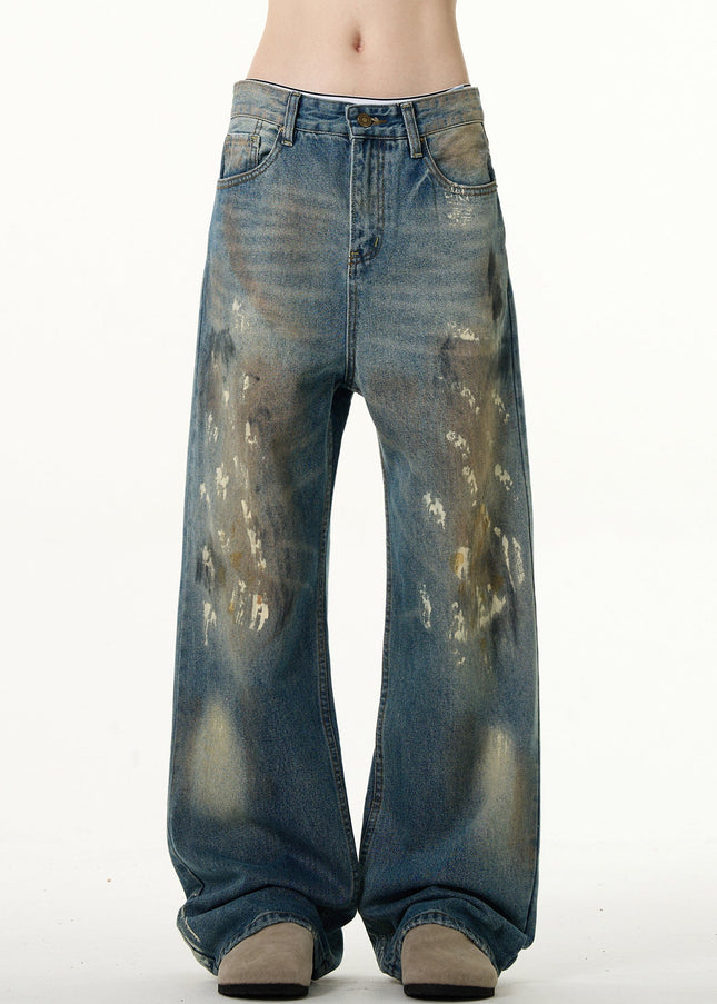 Blue Ink-Splashed Loose Fit Bootcut Jeans - Men’s Jeans