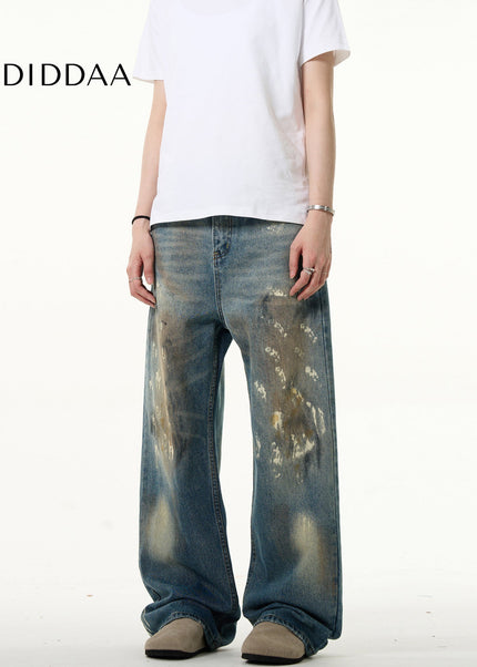 Blue Ink-Splashed Loose Fit Bootcut Jeans - Men’s Jeans