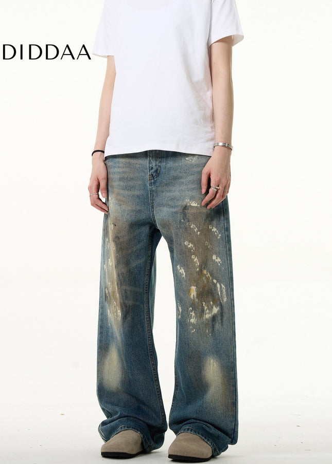 Blue Ink-Splashed Loose Fit Bootcut Jeans - Men’s Jeans