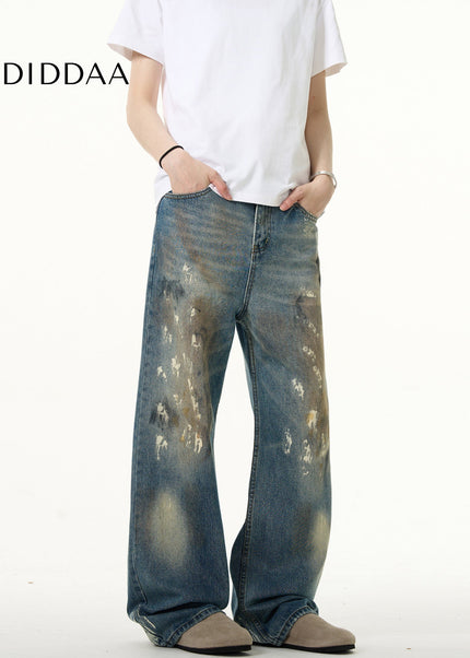 Blue Ink-Splashed Loose Fit Bootcut Jeans - Men’s Jeans