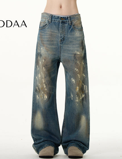 Blue Ink-Splashed Loose Fit Bootcut Jeans - S / Mid Blue - Men’s Jeans