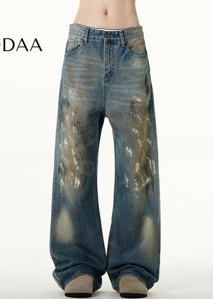 Blue Ink-Splashed Loose Fit Bootcut Jeans - S / Mid Blue - Men’s Jeans