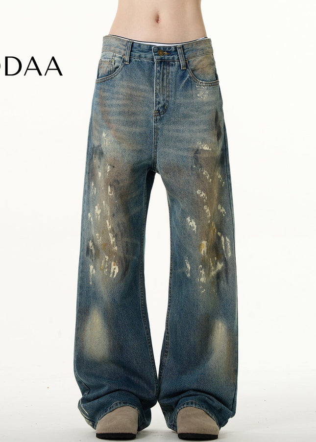 Blue Ink-Splashed Loose Fit Bootcut Jeans - S / Mid Blue - Men’s Jeans