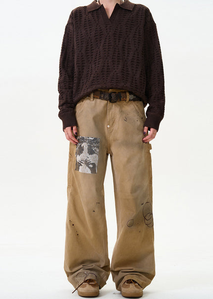 Blue Ink-Splashed Loose Straight Cargo Jeans - Men’s Jeans