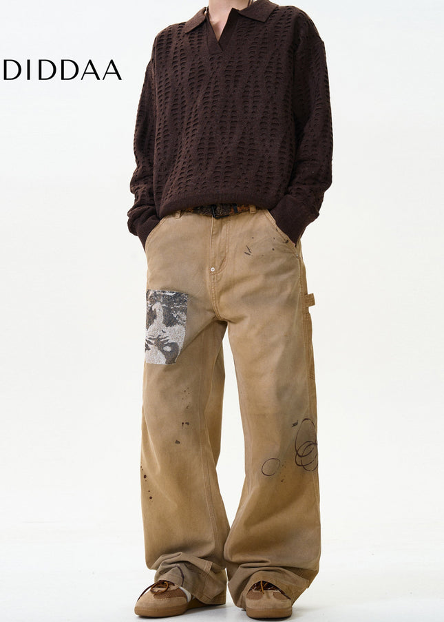 Blue Ink-Splashed Loose Straight Cargo Jeans - Men’s Jeans